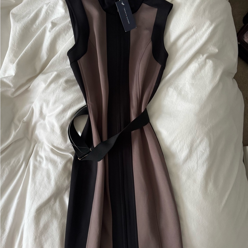 Tommy Hilfiger Black and brown Tie Front Ruched Sheath Midi Dress